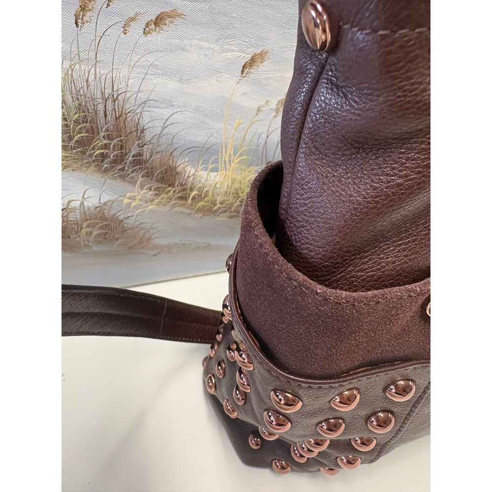 B. Makowsky Brown Leather Studded Crossbody Bag Rose Gold Hardware Pocket - Picture 5 of 12